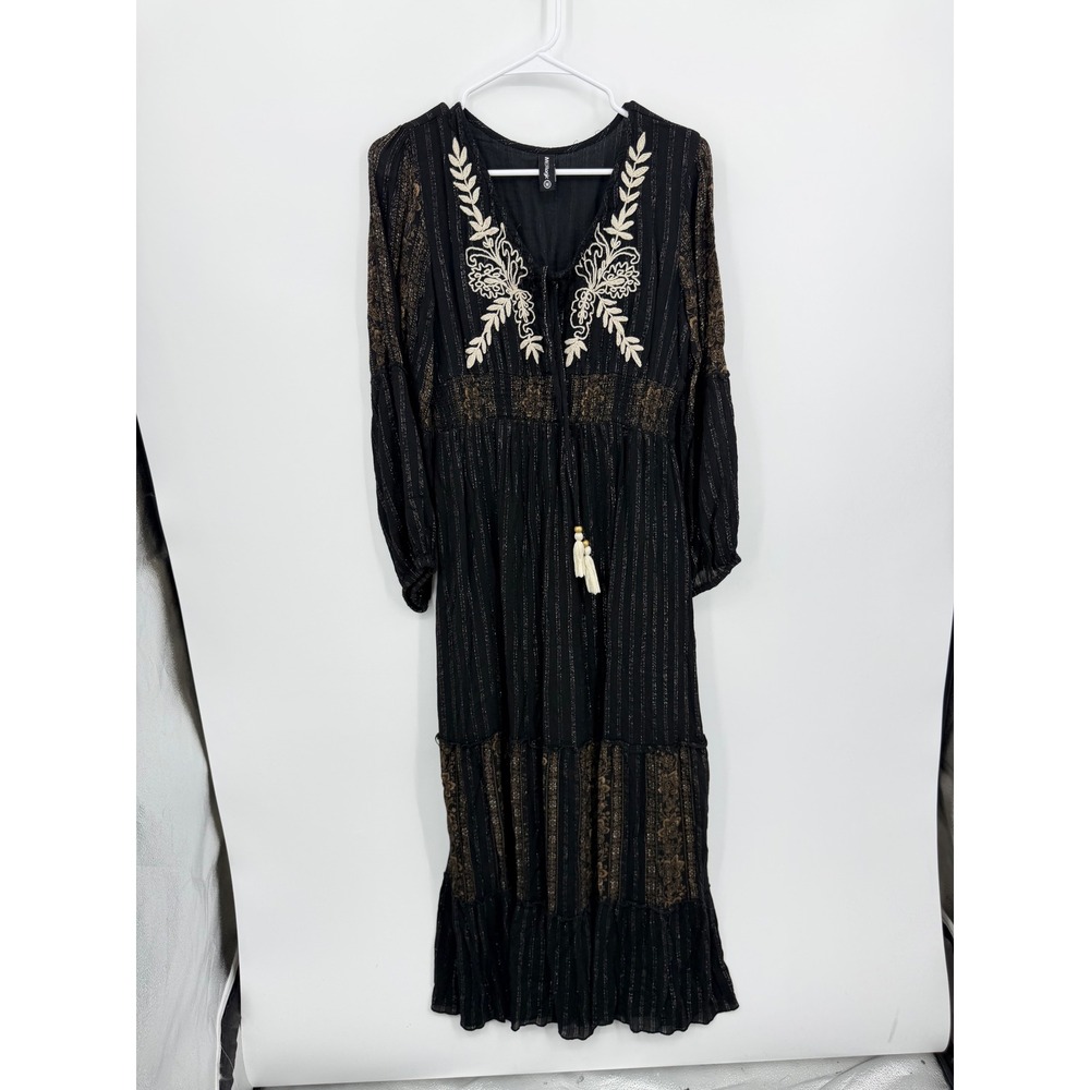 ME2Magic Embroidered Maxi Dress Womens Medium Black Gold Metallic Boho Smocked
